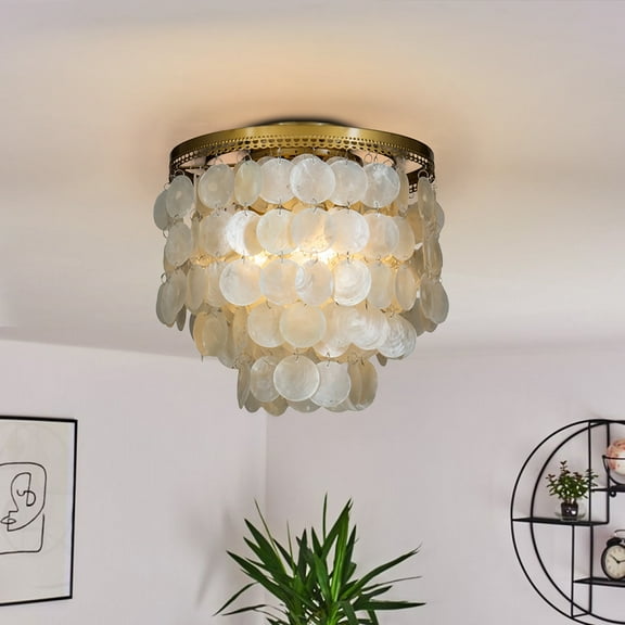 3-Lights Gold Indoor Capiz Shell Flush Mount Coastal Decor Chandelier