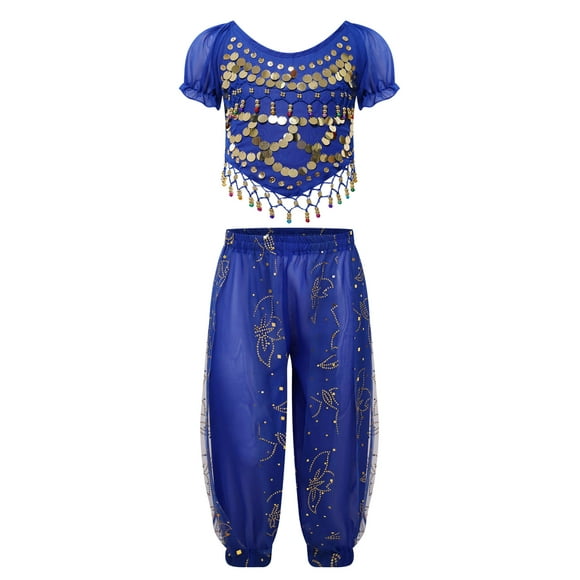 Kaerm Kids Girls Sequins India Belly Dance Outfit Princess Carnival Costume Short Sleeve Crop Top with Bloomers Pants Set Blue 2Pcs/Set S