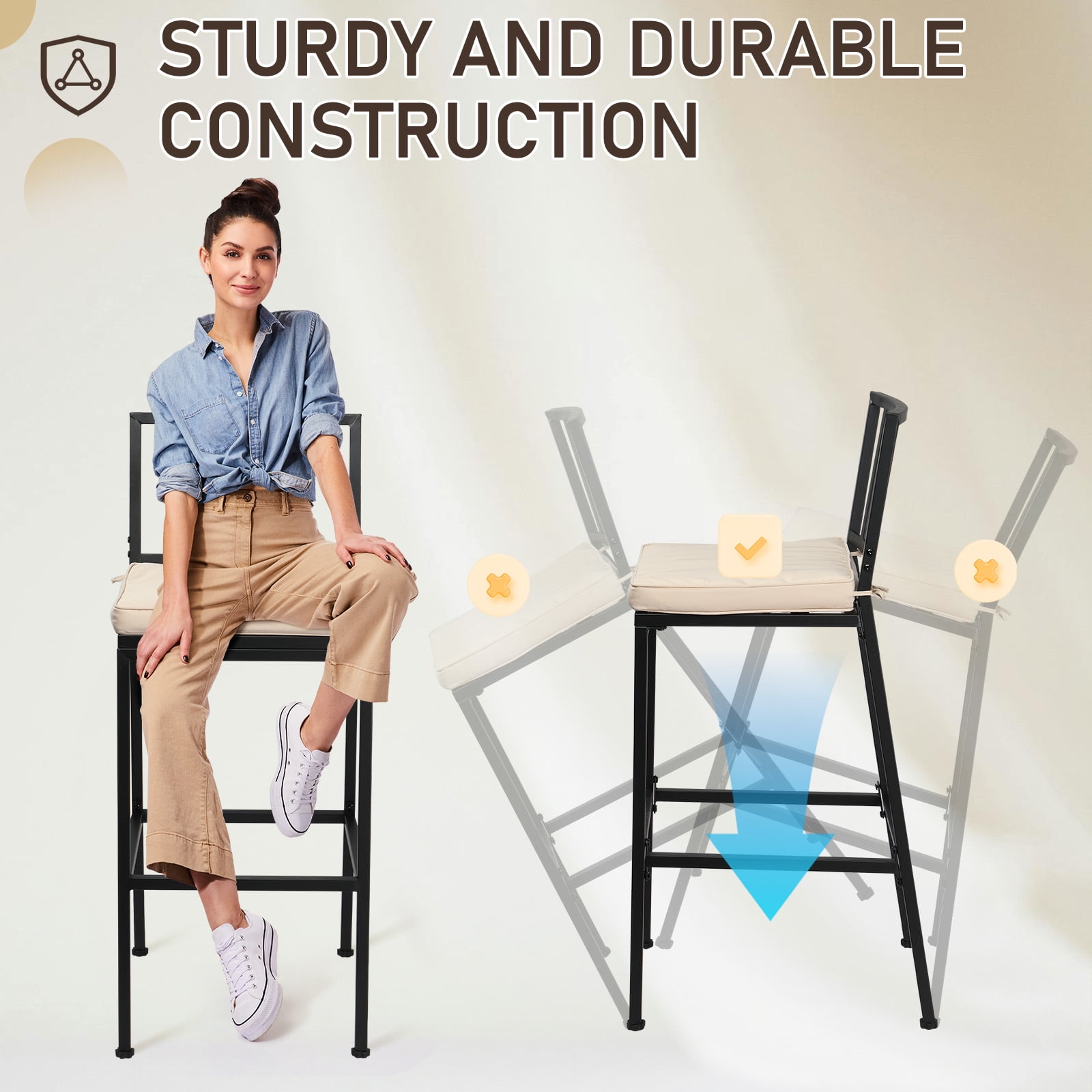 Ktaxon 2Pcs Outdoor Bar Stools, Weather Resistant Outdoor Bar Seating with Detachable Cushion, Heavy-Duty Metal Frame Bar Set of 2 for Garden Porch Pool