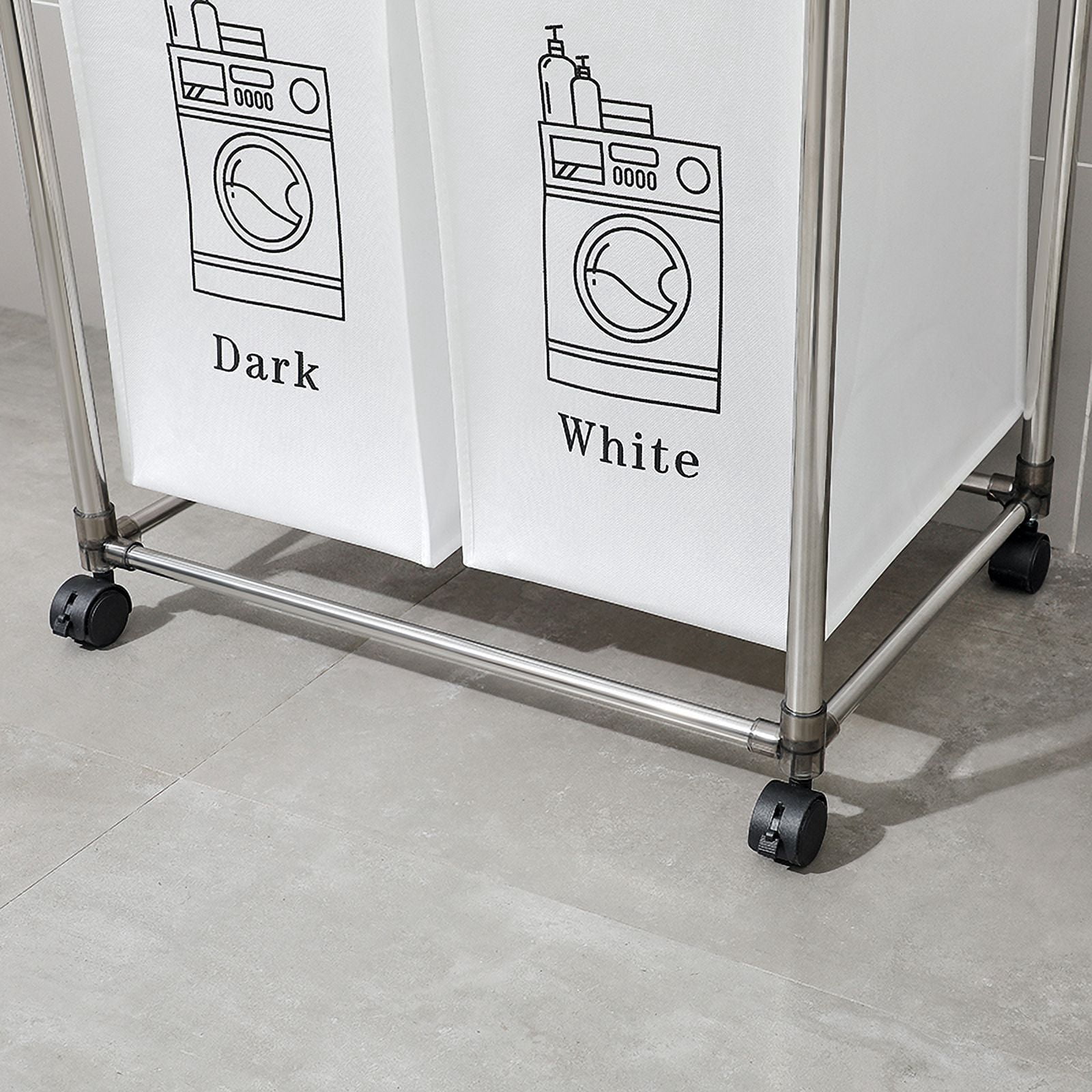 2 Tier Laundry Basket Sorter with 4 Removable Bags and Wheels, Double Layer Frame, Fabric Organizer for Lights Darks, Black White