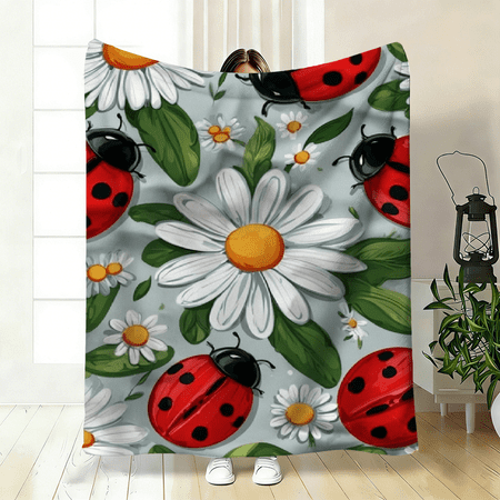 1pc a Lightweight Flannel Blanket Featuring a Ladybug And Daisy Design Ideal for Use on Sofas Beds During Travel Camping Or in Living Rooms And Offices. This Soft And Warm
