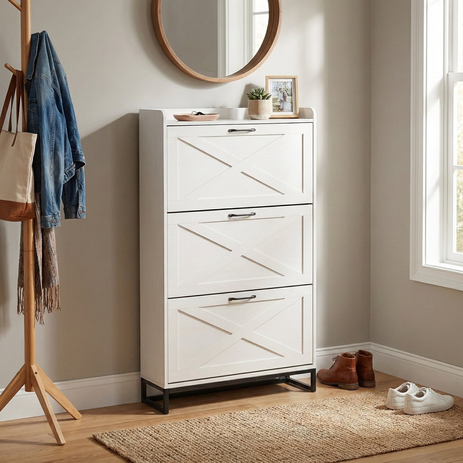 Barn Door Three-Drawer Cabinet With Top Panel, Shoe Cabinet Particleboard, 80*24*145cm