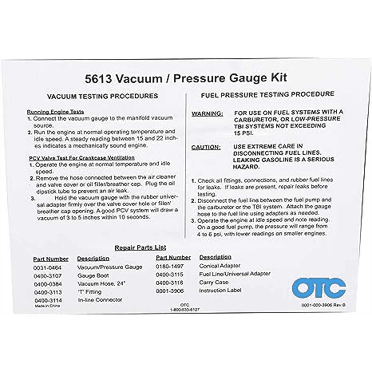 OTC Vacuum/Pressure Gauge Kit