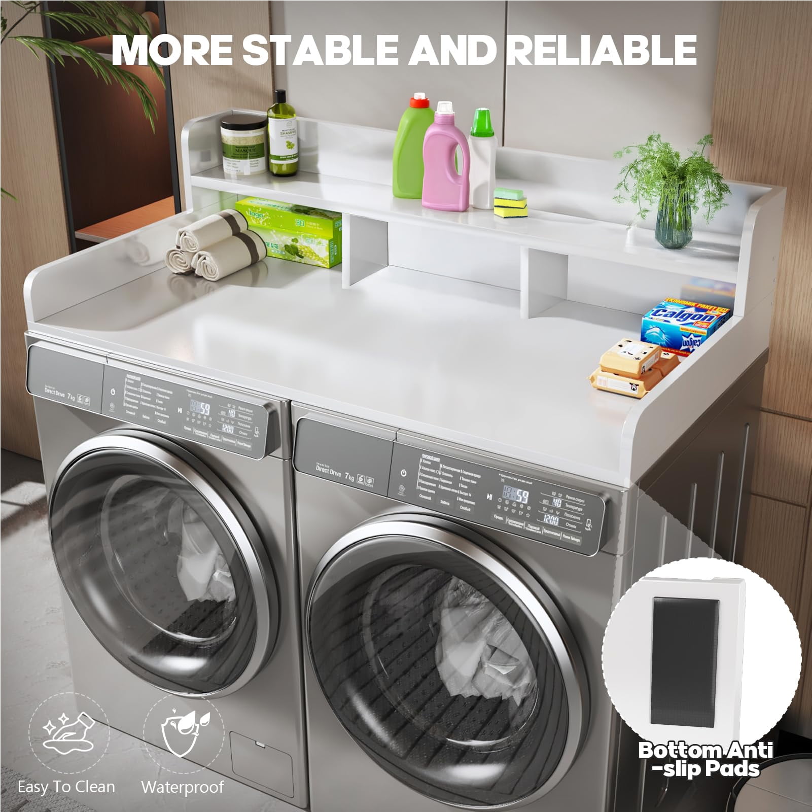 Roninkier Washer Dryer Countertop, Laundry Wood Shelf Topper, 54" x 27.5" Depth Double Layer Organizer