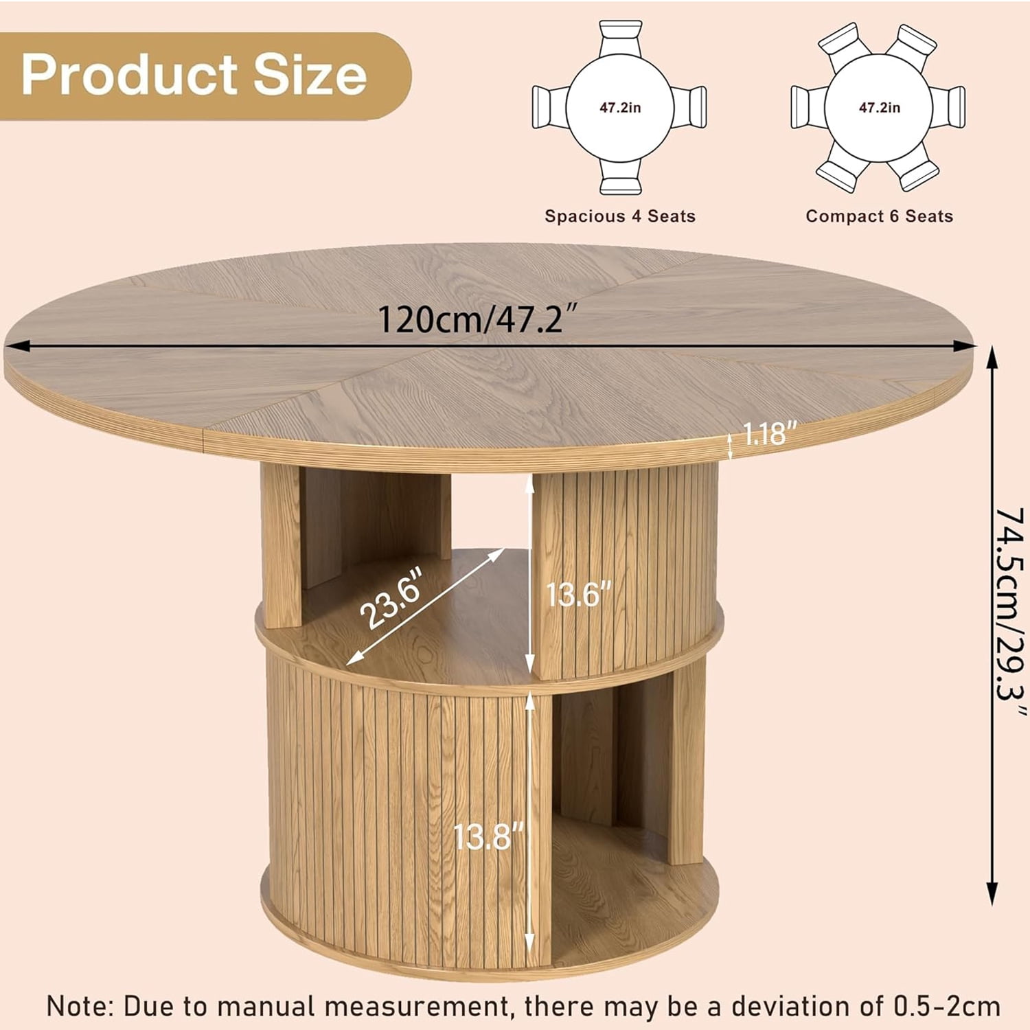 Fiogmub 47 inch Round Dining Table for 4, Circle Kitchen Table with Storage Shelf, Modern Dinner Table for Living Room, Wood Color