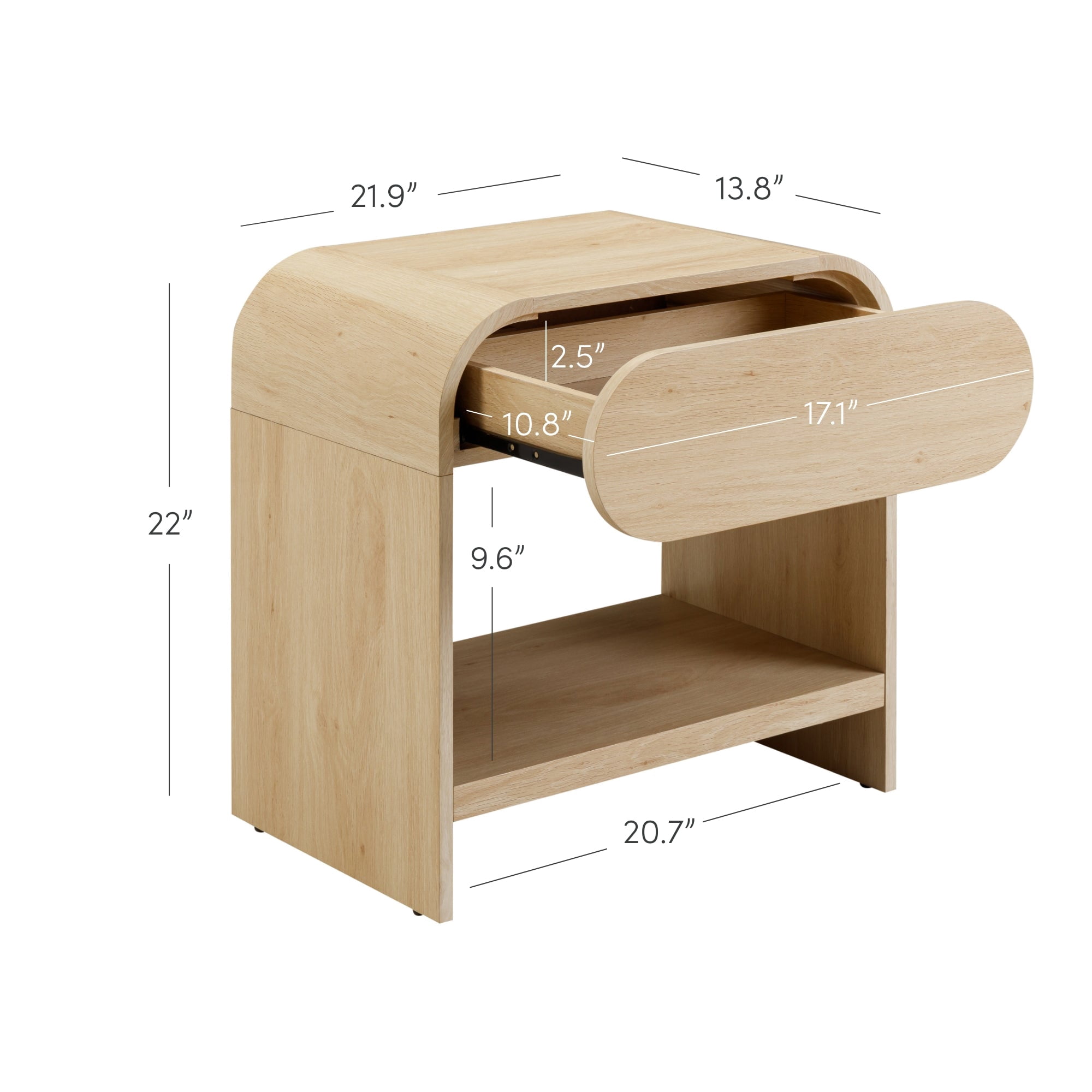 Nathan Jamea Iris Mid-Century Modern Nightstand with Drawer, End Table with Storage for Bedroom or Living Room with Rounded Silhouette, Light Oak