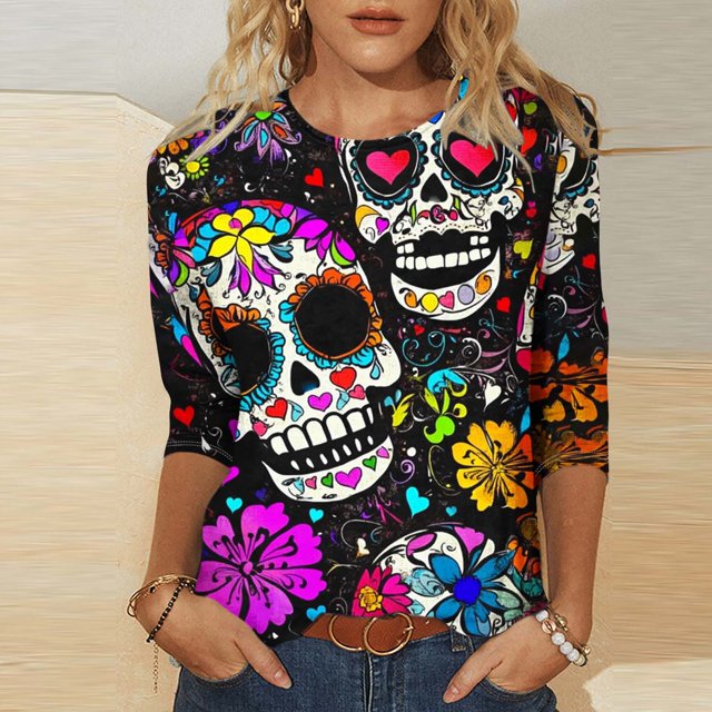 QIPOPIQ Blouses pour Femmes Manches 3/4 Hauts Décontractés pour Femmes Manches 3/4 Chemises Col Rond Imprimé Tendance Blouses Florales Confortables Liquidation