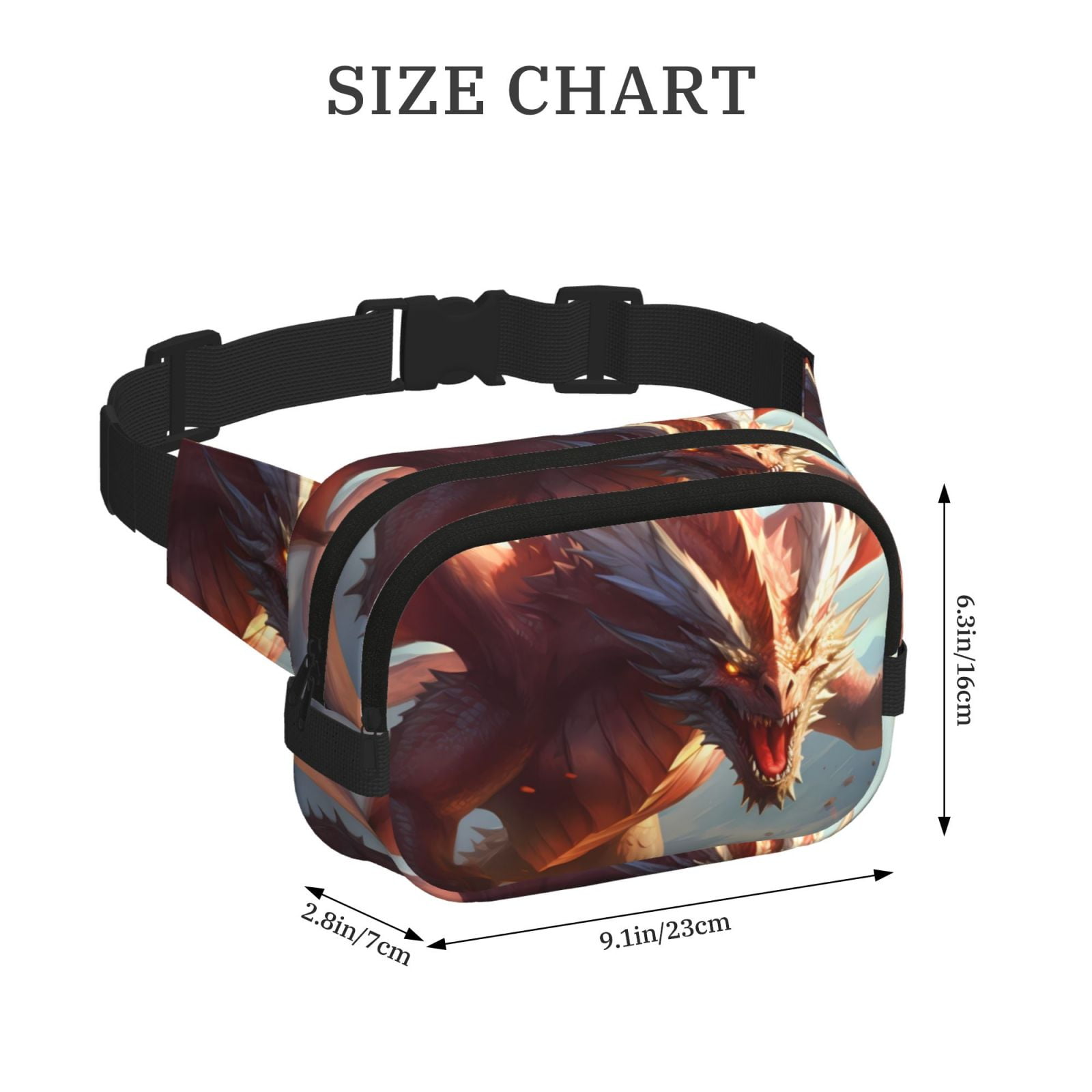 Picia Ferocious Dragon Fury Print Square Double-Layer Waist Bag Mini Adjustable Waist Belt Bag Exercise Running Travel Hiking