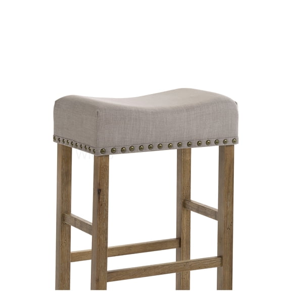 Set of 2 Counter Stools with Linen Upholstery and Weathered Oak Legs