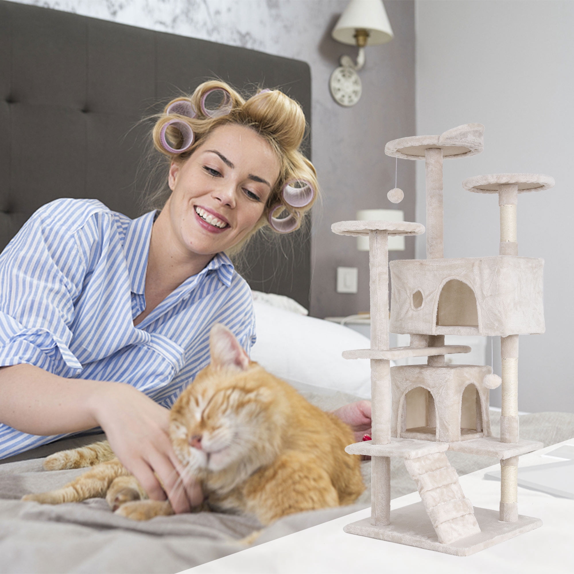 CL.HPAHKL 54in Cat Tree Tower, Multi-Level Cat Tower Furniture Activity Center with Platform Scratching Posts Stand House Condo and Toy, Cat Condos for Indoor Cats Kitten Activity Relaxing, Beige