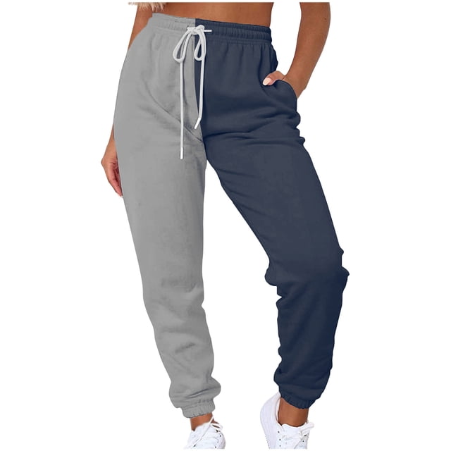 Kyusrd Sweatpants For Women Drawstring Patchwork Color Block High Waist Trousers Multi-Pockets Long Pants Beach Straight Wide Leg Trousers Multi-Pockets