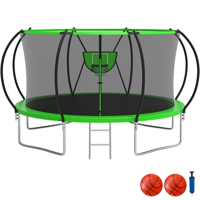 KOFUN Trampoline with Basketball Hoop, 1500lbs 10FT 12FT 14FT 16FT Trampoline for Adults and Kids, No Gap Design Backyard Trampoline with Enclosure Net, Ladder, Green