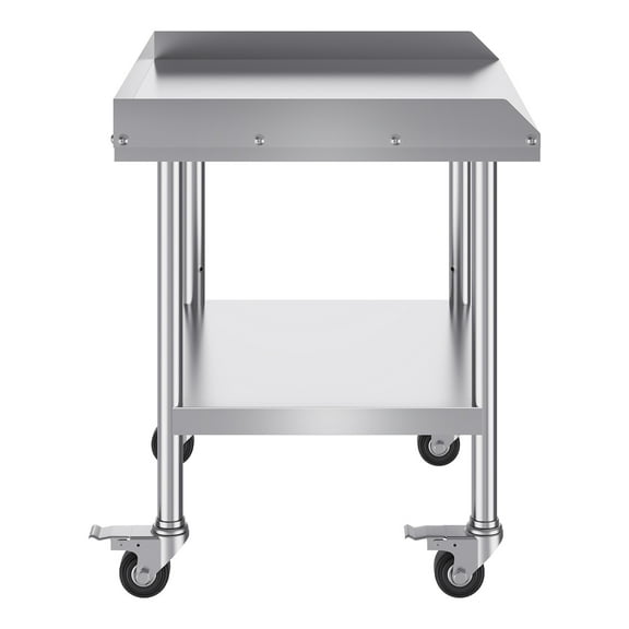 KFFKFF Stainless Steel Work Table, 24 x 28 x 30 Inch Commercial Food Prep Table with Wheels, Casters, 3-Sided Backsplash, Durable Metal Table for Kitchen, Restaurant, or Hotel Use