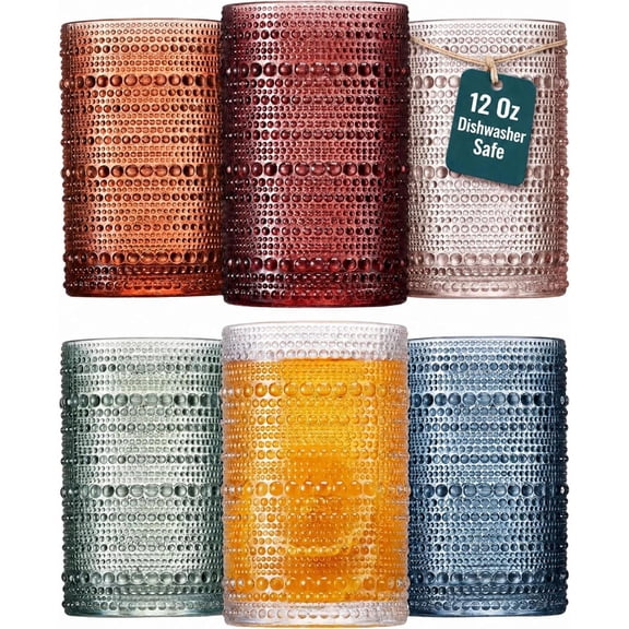 Colored Hobnail Drinking Glasses Set of 6, 12oz Vintage Kitchen Glassware, Embos