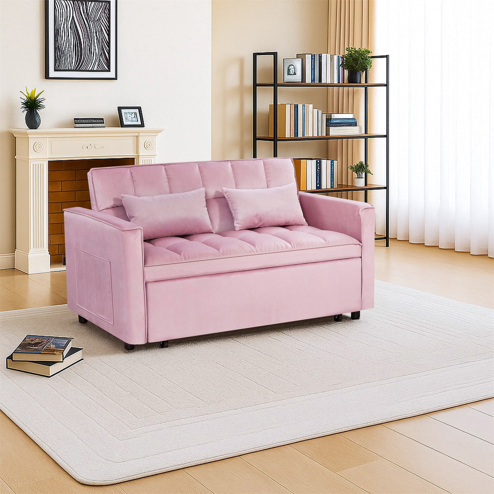 Hommoo Modern 3 in 1 Convertible Sleeper Sofa Bed, Pull Out Loveseat Couch Futon Sofa Bed with 3-Level Adjustable Back, Pink