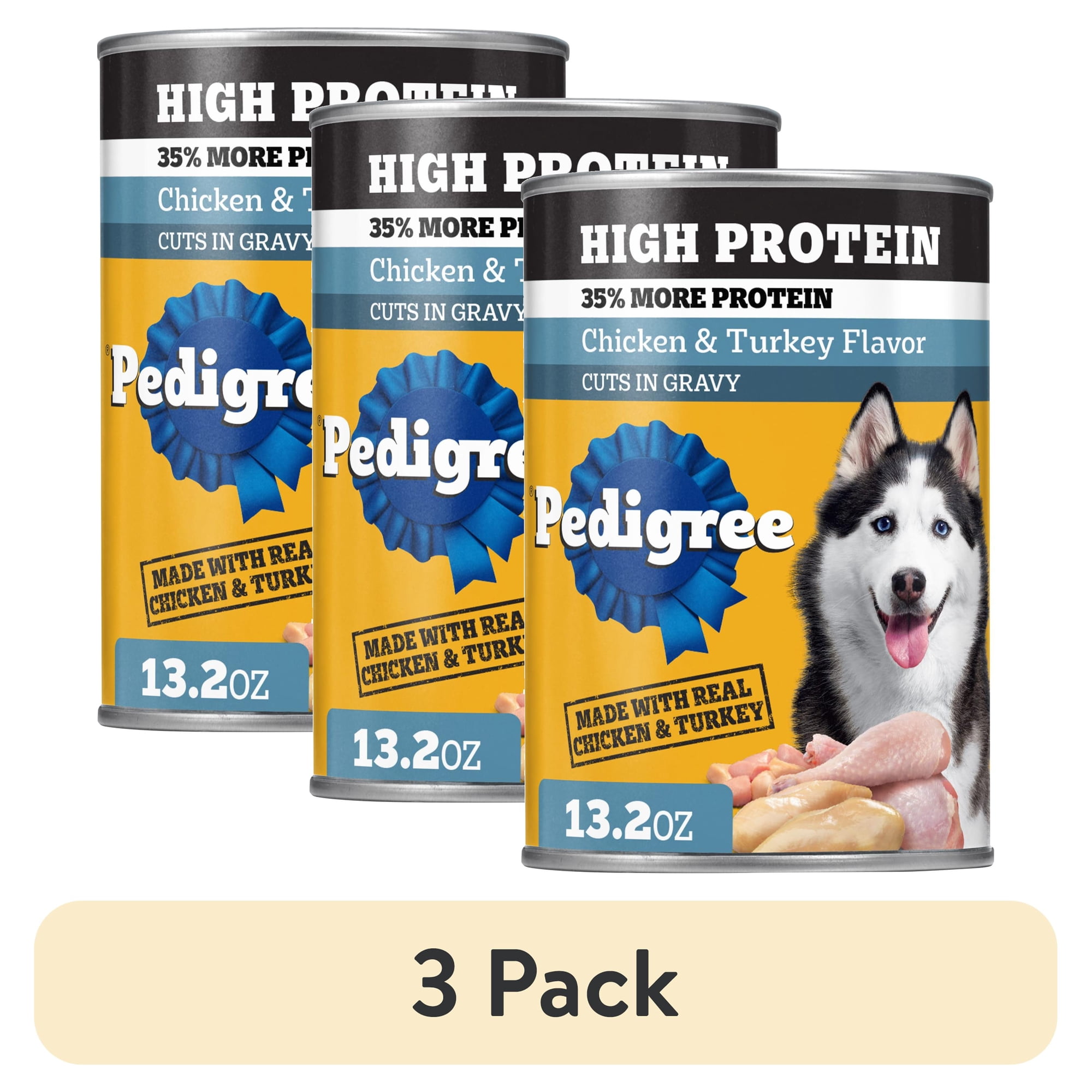 (3 pack) Pedigree High Protein Chicken & Turkey Flavor In Gravy Adult Soft Wet Dog Food, (12) 13.2 oz Cans