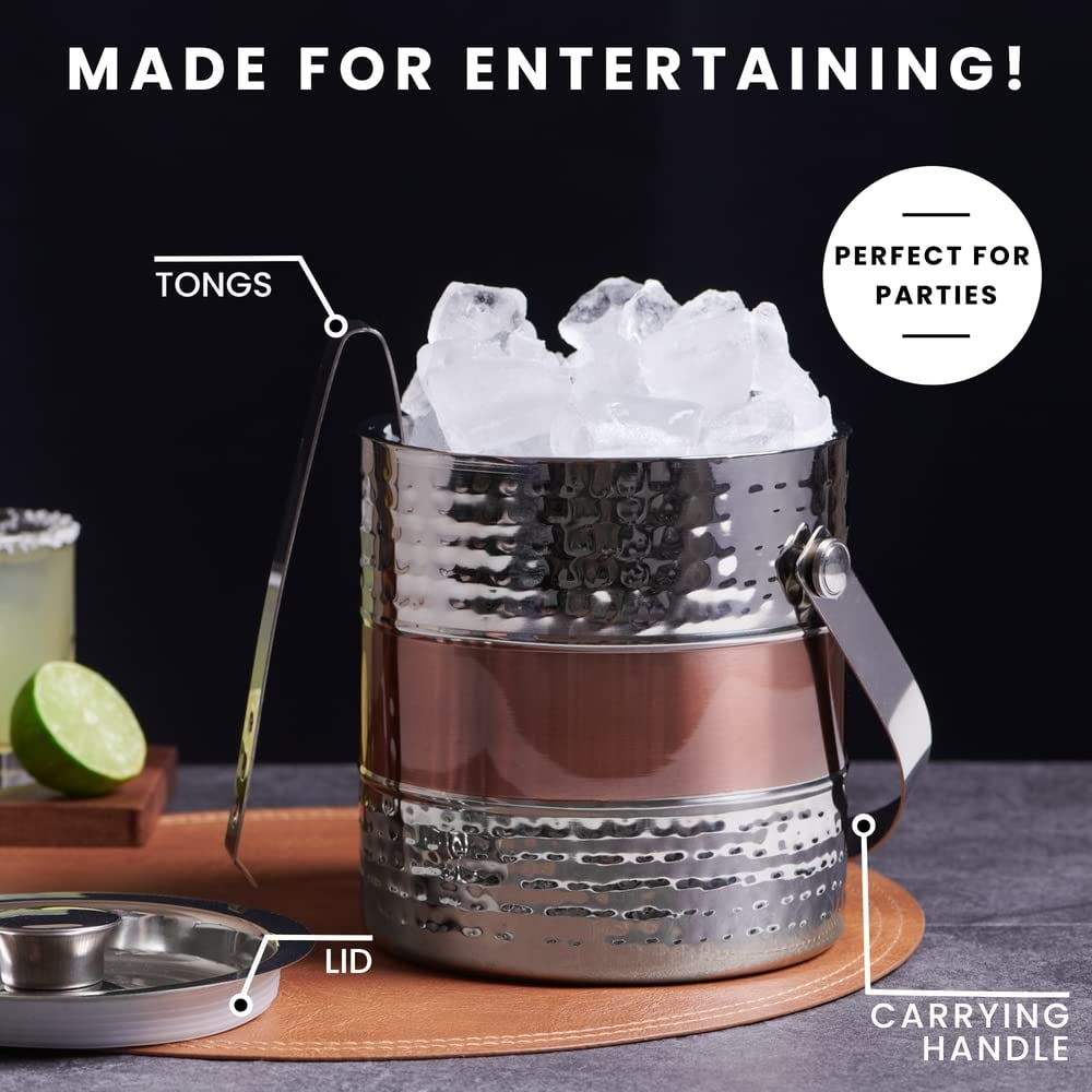 Sol Living Ice Bucket - Double Wall Stainless Steel - Includes Tongs and Lid - Wine & Champagne Holder - For Home, Bars, Commercial Use - Ribbed Finish - Hammered Copper, 1.6 Qt.