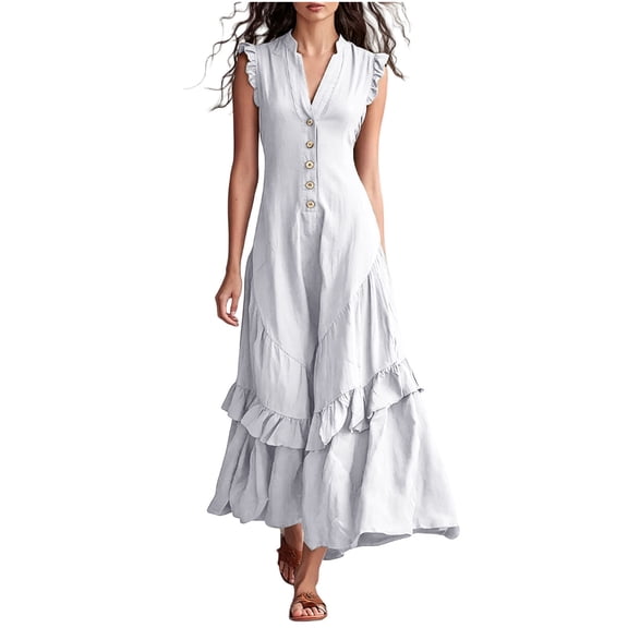 Erwazi Summer Dresses for Women Solid V Neck Sleeveless Ankle Length Dress Button Ruffle Trim Trendy Casual Daily Outdoor Classic Dresses