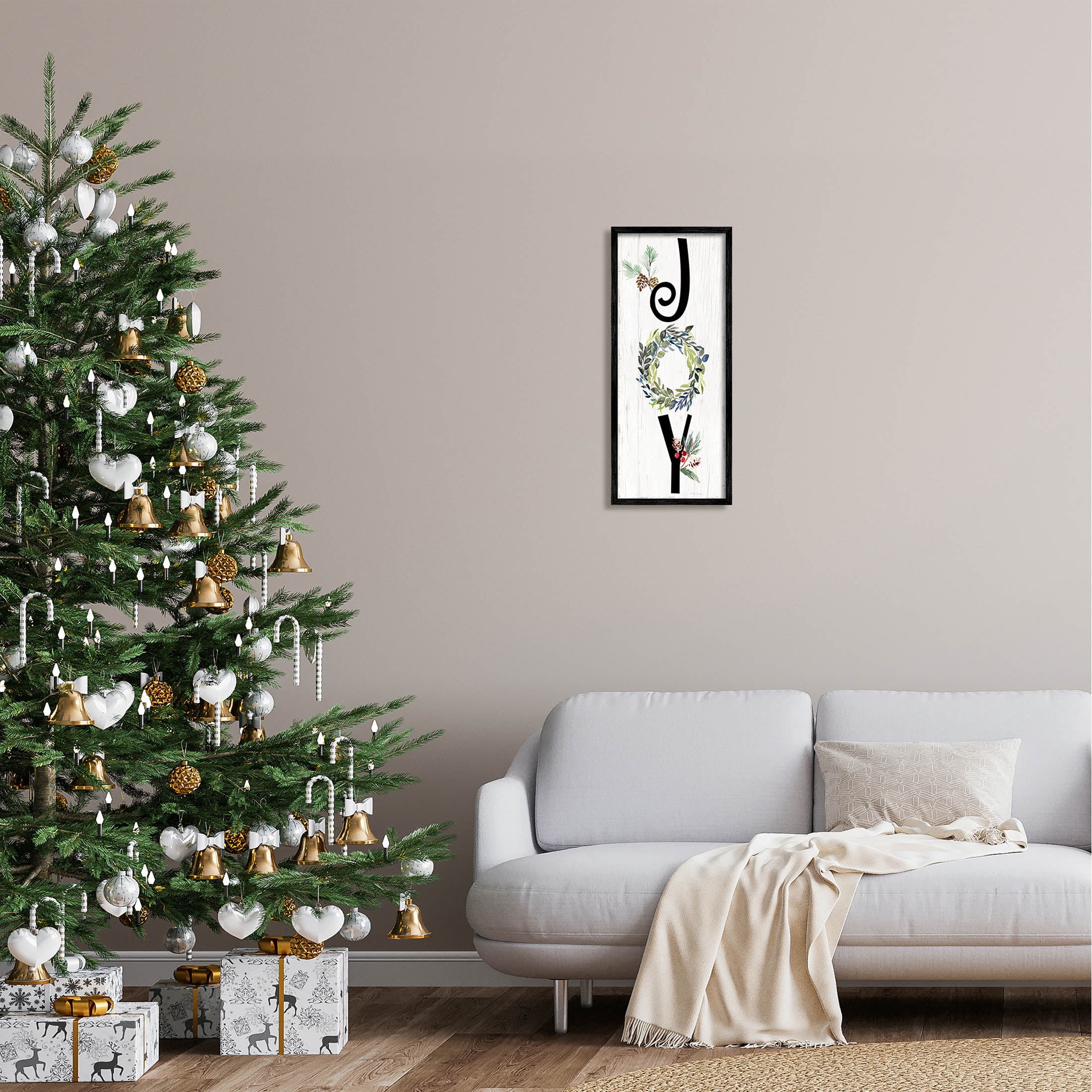 Stupell Industries Joy Seasonal Botanical Wreath Graphic Art Black Framed Art Print Wall Art, Design by Kristen Brockmon