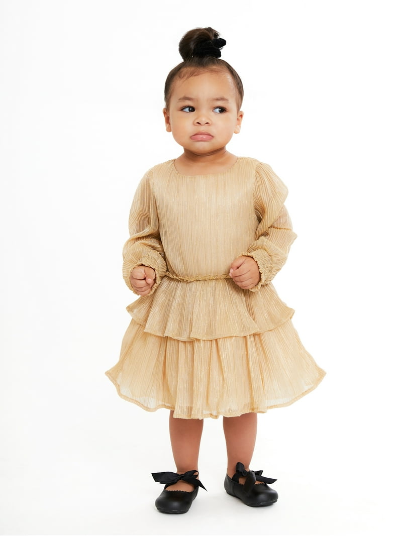 Wonder Nation Baby & Toddler Girls Gold Holiday Dress with Ruffle
