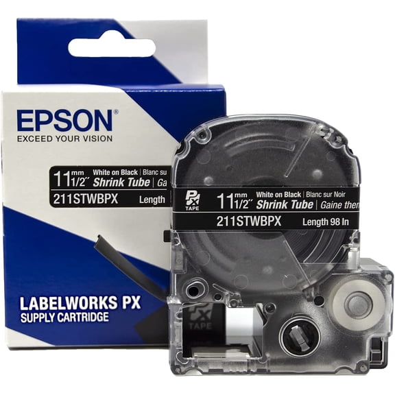 Epson LABELWORKS 211STWBPX - White on Black Shrink Tube Label Maker Tape - AWG 2-8, 1/2" (11MM) Wide, 96"