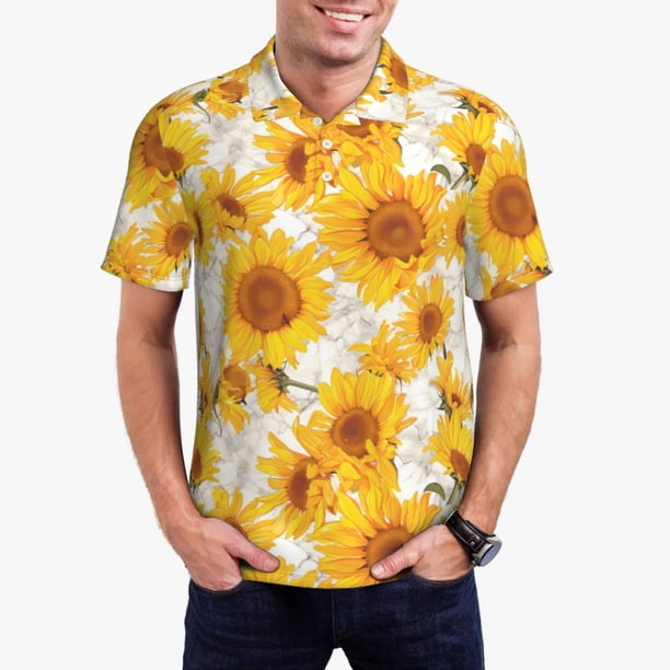 Fotbe White Marble Pattern Sunflower Camiseta Polo de Golf para Hombre con Estampado – Camisa Deportiva Transpirable con Cuello Abotonado-Small