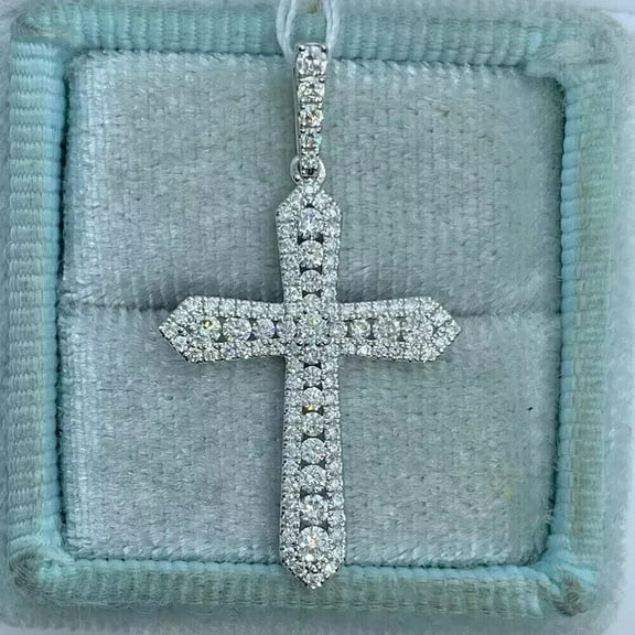 2.30 Ct Round Cut Moissanite Cross Pendant Necklace 14K White Gold Plated Silver