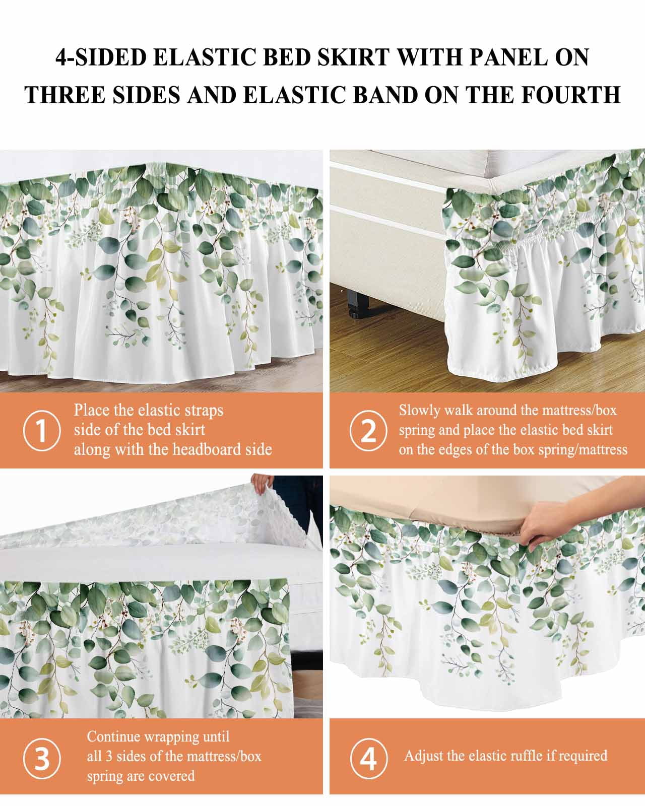 Sage Green Eucalyptus Wrap Around Bed Skirts for Queen Bed 18" Drop,Bed Skirt with Adjustable Elastic Belt Dust Ruffle Bed Valance for Bedroom Hotel Pastoral Watercolor Leaf Fruit Bed Frame Cover