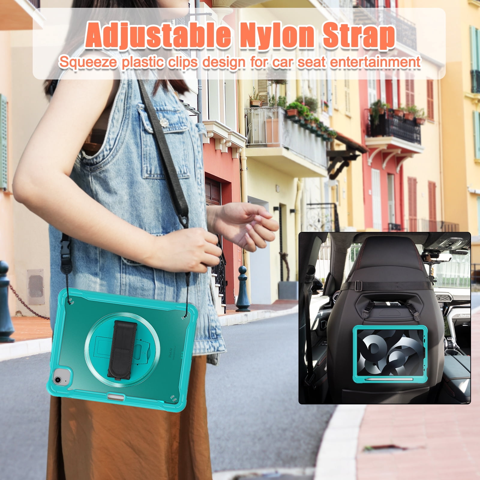 Allytech Rugged Case for Apple iPad Pro 11 2022/2021/2020/2018, iPad Air 4 5 Case, iPad Air 11" Case 2024, 360 Rotating Stand Clear Back Cover Shockproof Shoulder Strap with Pencil Holder, Blue