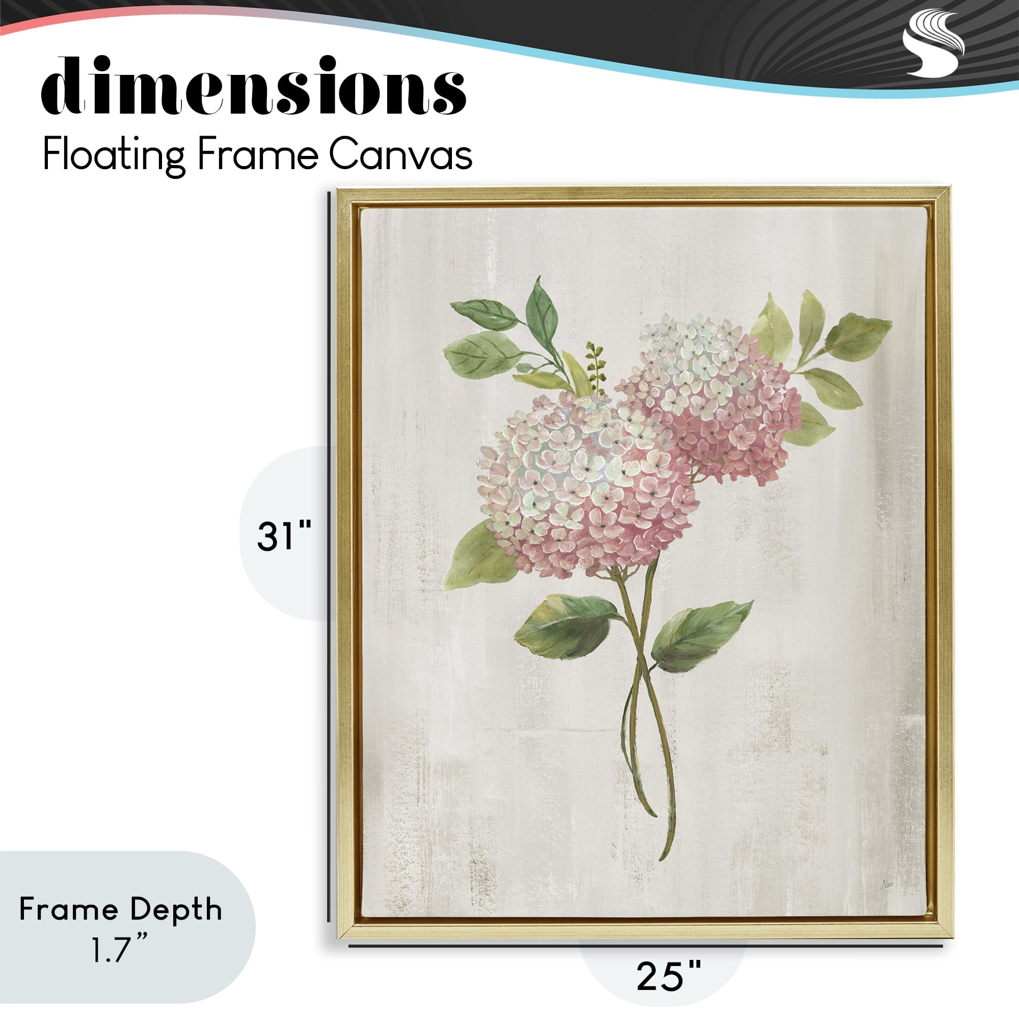 Stupell Industries Pink Hydrangea Paired Stems Gold Framed Floater Canvas Wall Art, design by Nan