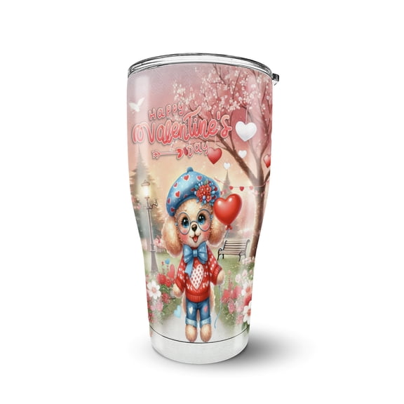 Happy Valentine’s Day Adorable Poodle Puppy Holding Heart Balloon 30oz Stainless Steel Tumbler Insulated Cup with Lid Poodles Dog Lover Gifts Idea - 00030