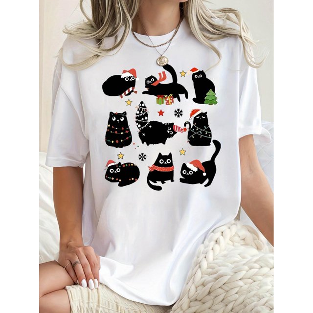 Creative Christmas Cat Nine-Square Grid Pattern Printed Women'S Trendy Round Neck Short Sleeve, Simple Casual Sports T-Shirt, Comfortable Summer Top for Holidays.