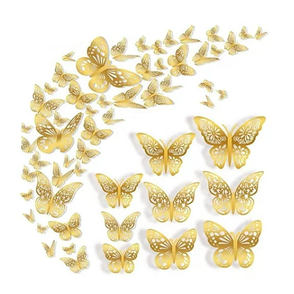 72PCS Butterfly Wall Decor Sticker, Removable 3 Sizes 3D Hollow Out Butterfly Decorations for Bedroom Wedding Cake Decor Gold