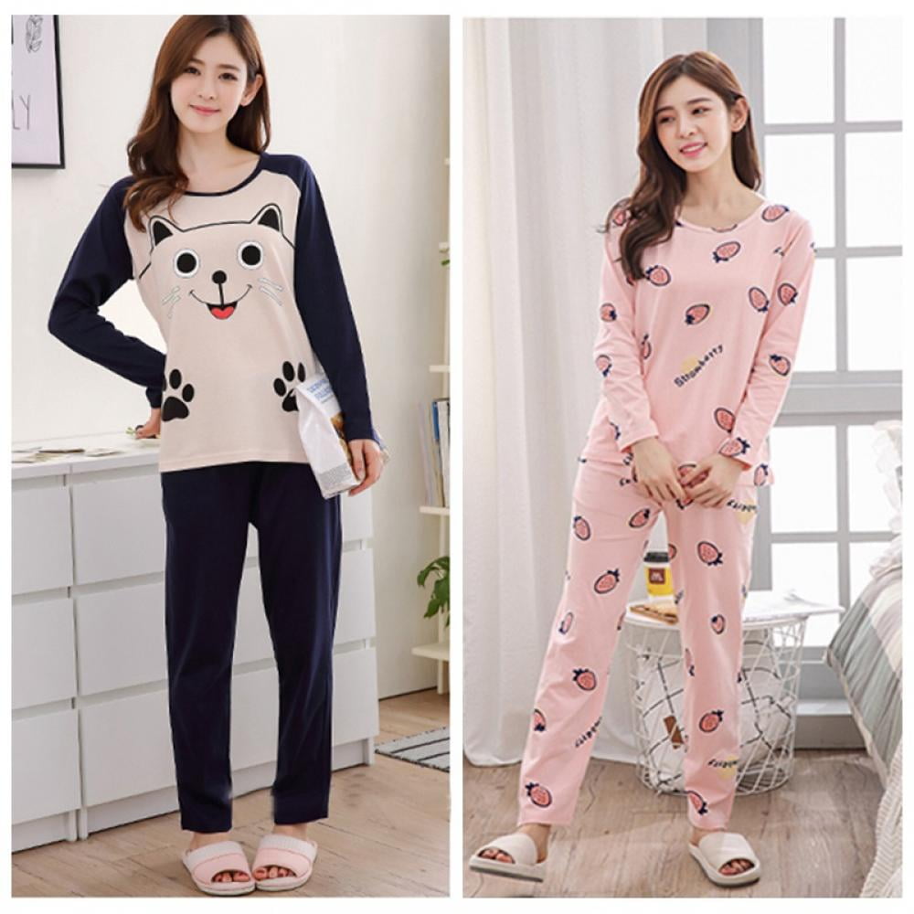 Women Girls Cartoon Long Sleeve Top Long Pants Soft Pajamas Set Sleepwear M-2XL 