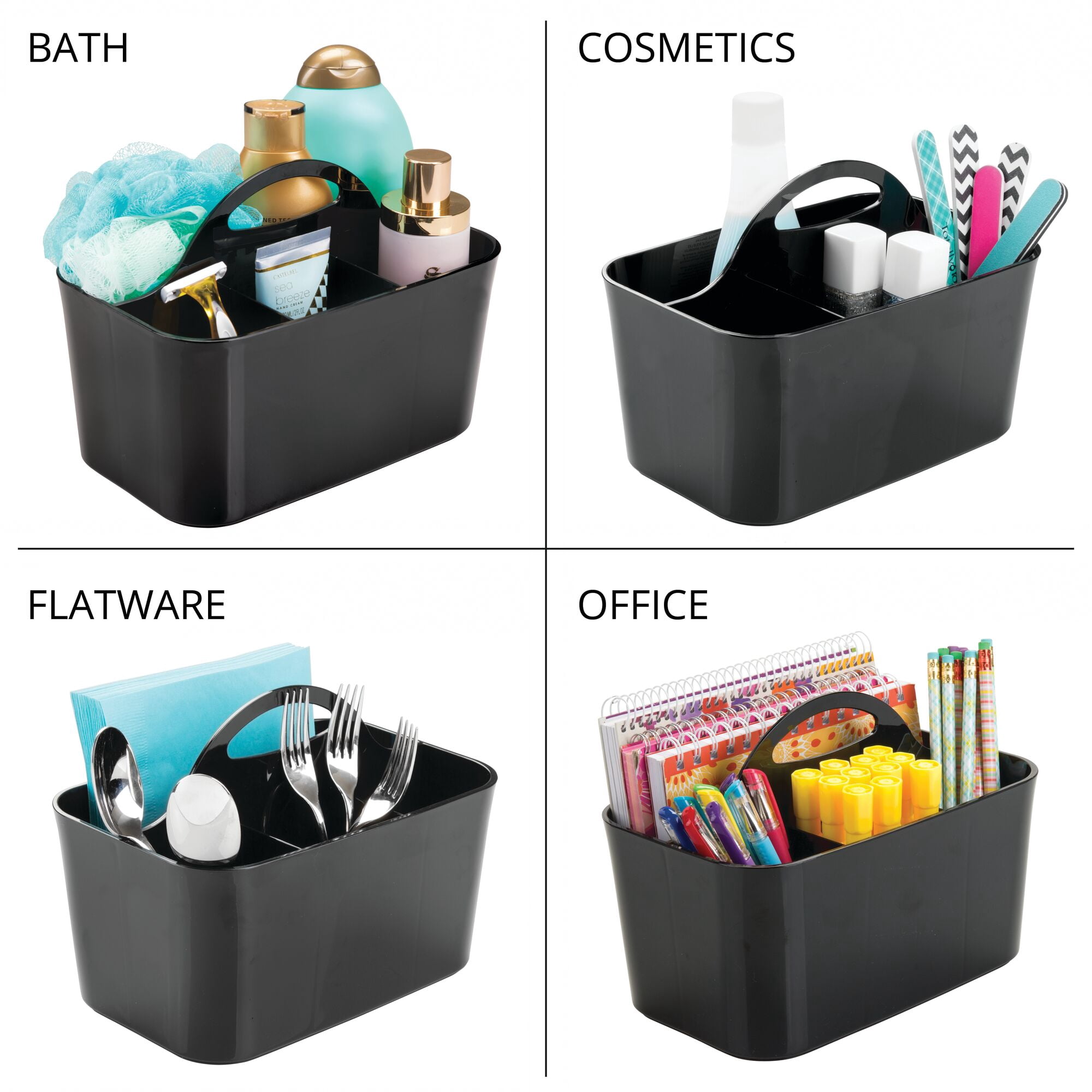 mDesign Small Plastic Caddy Tote for Desktop Office Supplies, 4 Pack, Black
