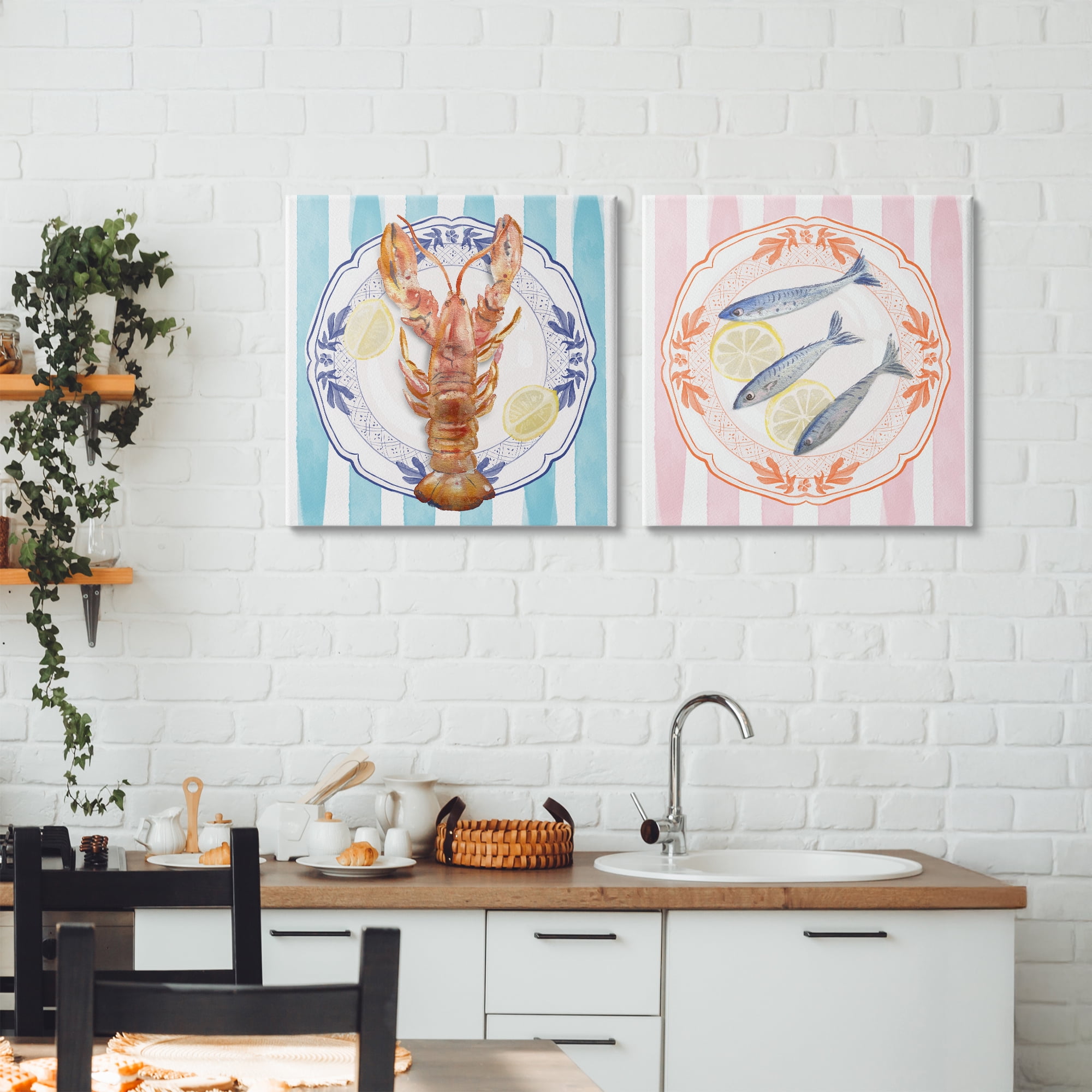 Stupell Industries Lobster & Sardines Plates 2 Piece Canvas Wall Art Set, design by Christie Adams