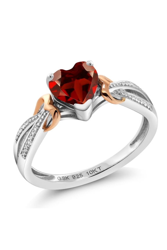 925 Sterling Silver and 10K Rose Gold Red Garnet and Diamond Heart Shape Women Ring (0.91 Cttw, Gemstone Birthstone Available in Size 5, 6, 7, 8, 9)