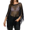 thumbnail image 2 of Women's Fringe Tassel Hollow Out Knit Beach Cover Up, Lightweight Flowy Poncho with Side Split Design, for Summer Poolside, Seaside Vacation or Resort Wear Black One Size, 2 of 4