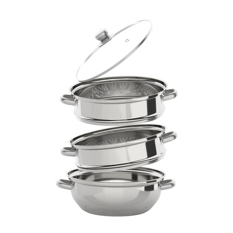 27.6cm Steamer Cooker Set Glass Lid 3 Tier Stainless Steel Pot Pan
