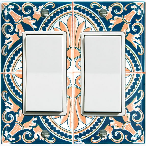 Metal Light Switch Plate Cover Peach Blue Floral Tile Pattern TIL023