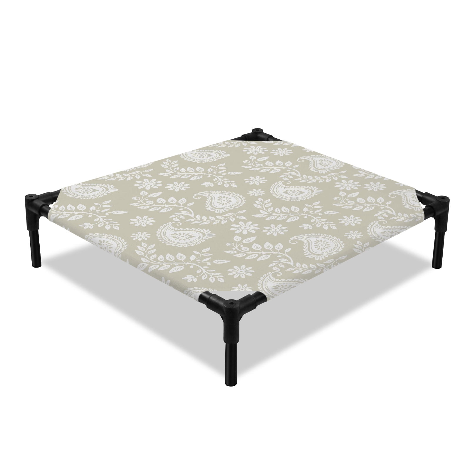 Abstract Paisley Elevated Dog Bed Floral Leaves Yellow Background Cooling Breathable Outdoor Raised Dog Cot Bed with Metal Frame Non-Slip Feet for Small Dog 20x20in