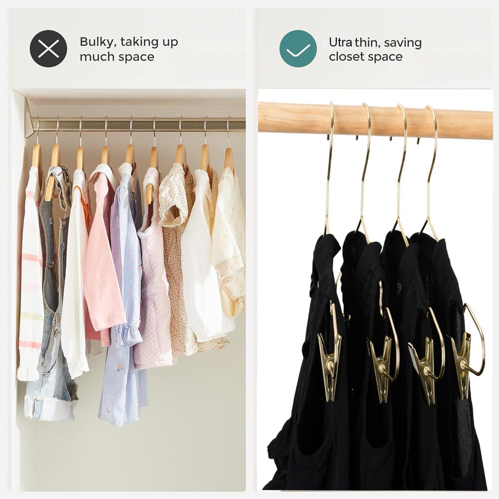 Clothes Hangers 12.6" Gold Metal Skirt Hanger with 2 Adjustable Clips Closet Storage Heavy Duty Rack Shirts, Pants Coats Display Space Saving Solution for Wardrobe 25 Pack