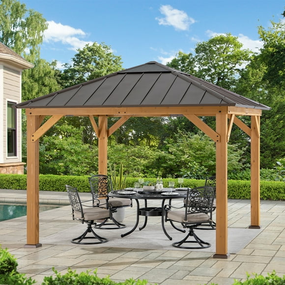 Sunjoy 11 pi x 11 pi. Gazebo à ossature de cèdre avec toit en acier brun et en polycarbonate toit en croupe
