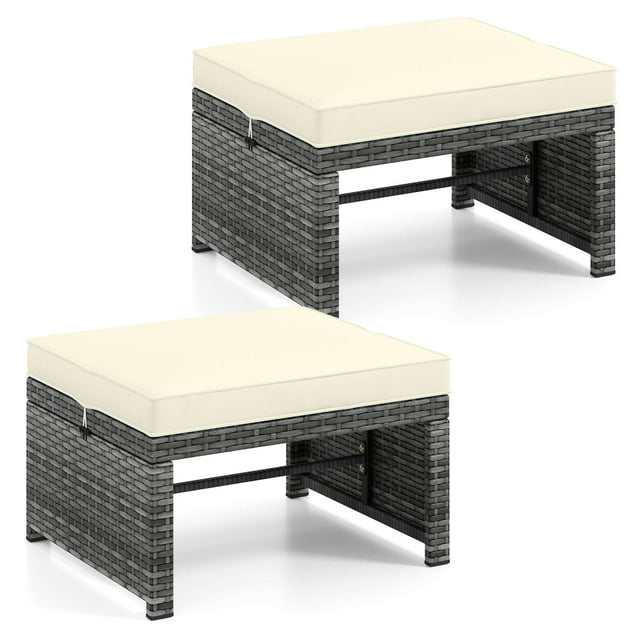 Costway Patio Ottomans Set of 2 made of mix gray PE rattan with removable white cushions and a sturdy metal frame. These versatile footstools measure 19 inches long, 16 inches wide, and 9.5 inches high, featuring a reinforced crossbar for stability and a weight capacity of 400 lbs each. Ideal for use as footrests, extra seating, or coffee tables in outdoor spaces like patios, backyards, or balconies.