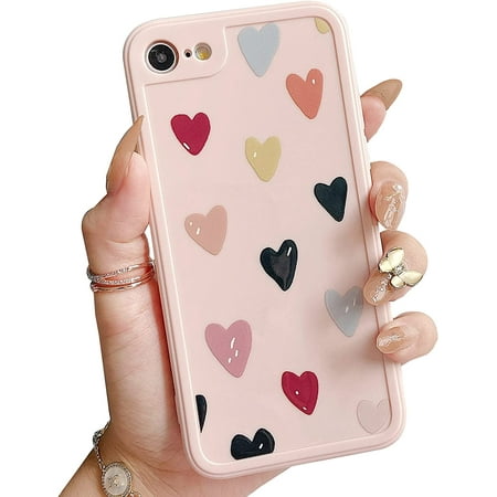 Case for iPhone 7 iPhone 8 iPhone SE 2020, Cute Girls Love Heart Pattern Design Silicone Shockproof Protective Bumper Cover for iPhone 7/8/SE 2020 4.7", Beige-Hearts