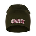 thumbnail image 1 of I&W Sports Team Coach Arch Letters Winter Knit Cuffless Beanie 3D Raised Layers, Olive Beanie White Red, 1 of 2