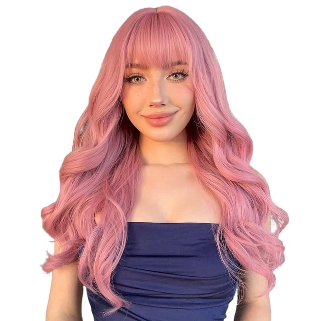 Pelucas rosas con flequillo Pelucas rosas largas onduladas para mujeres Peluca ondulada natural sintética Pelucas coloridas resistentes al calor para uso diario de fiesta Cosplay 22"