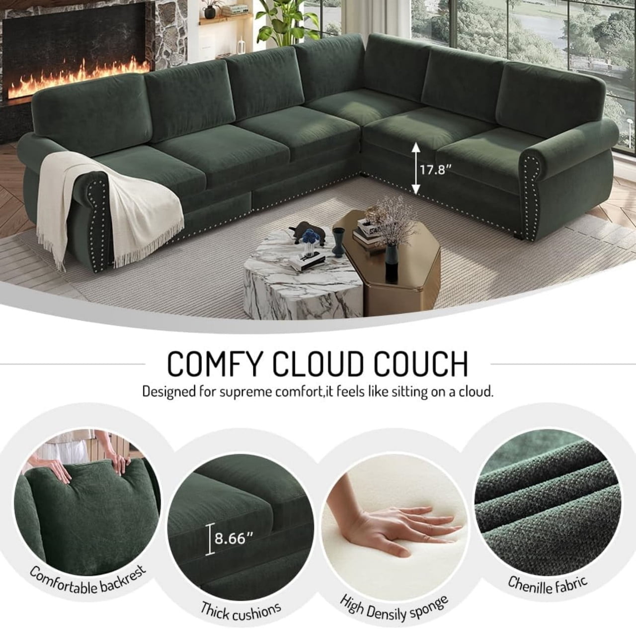 118" L-Shaped Convertible Sleeper Couch Bed, Chenille Upholstered Sectional Sofa with Pull-Out Sofa Bed, Modern Chesterfield Sofa for Living Room