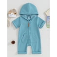 thumbnail image 2 of Arvbitana Infant Baby Boys Girls Hooded Jumpsuits Short Sleeve Zipper Footless Romper Solid Color Hood Bodysuits 3M 6M 12M Newborn Casual Outfit, 2 of 9