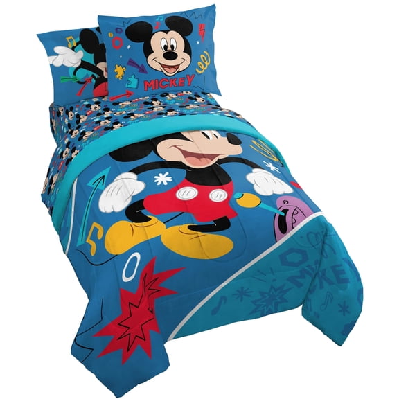 Jay Franco Kids Comforter Set Includes Sheets and Pillow Covers - Soft and Cozy Bed Set for Stylish Room Decor, Blue - Mickey Mouse, 5 Piece Twin Bedding